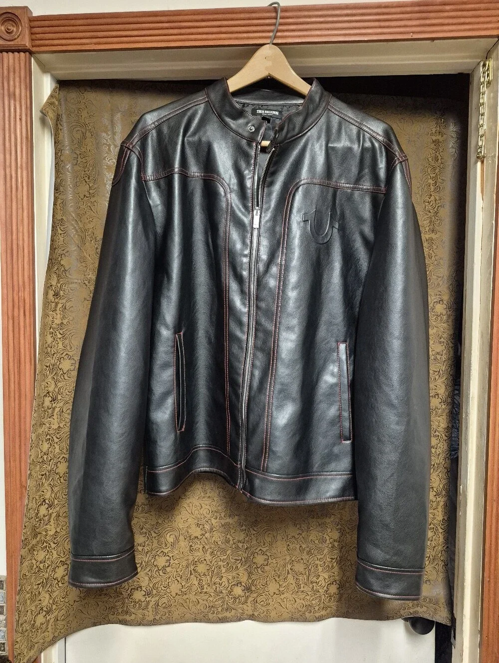 True Religion Black Leather Bomber Jacket with Red Stitching